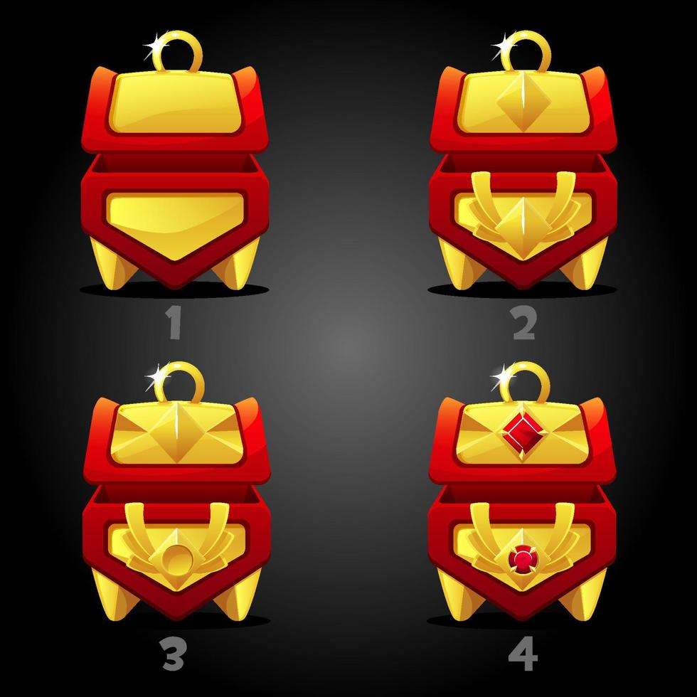 Clasificación de cofres del tesoro rojo dorado para juegos. conjunto vectorial de cajas aisladas con diamante. vector