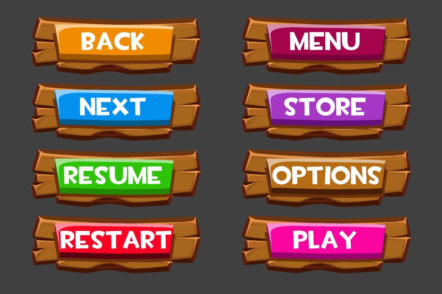 Set of wooden buttons with inscriptions for the game. Vector isolated colored buttons on boards.