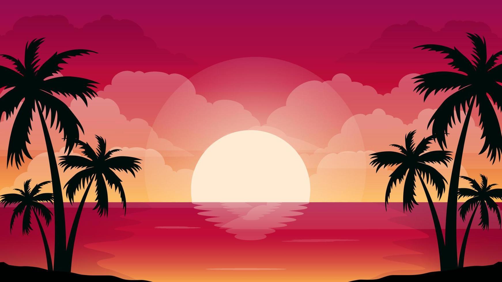 hermoso atardecer playa palm paisaje vector ilustración