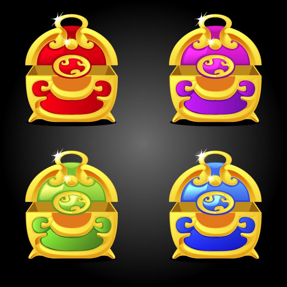 Multicolored bright open empty chests for the game. Set of colored vector boxes.