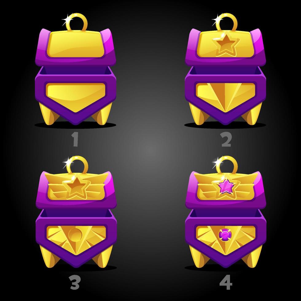 Rating purple treasure chests for the game. Vector set of gold boxes with a star.