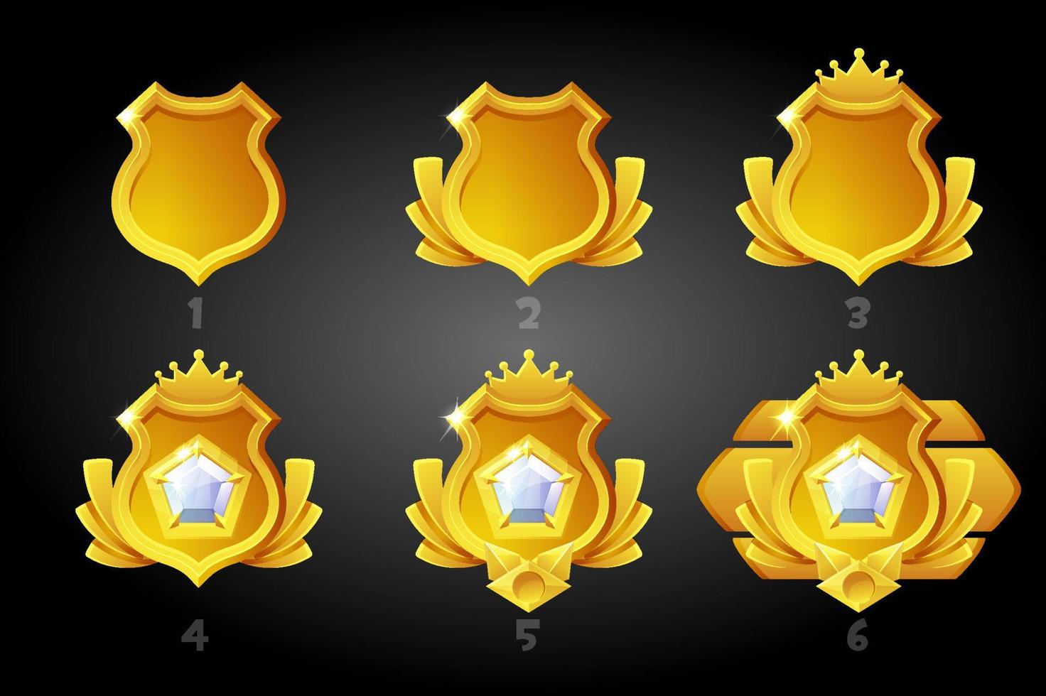 Improving the gold rating shields for the game. Vector set of shields in drawing step by step.