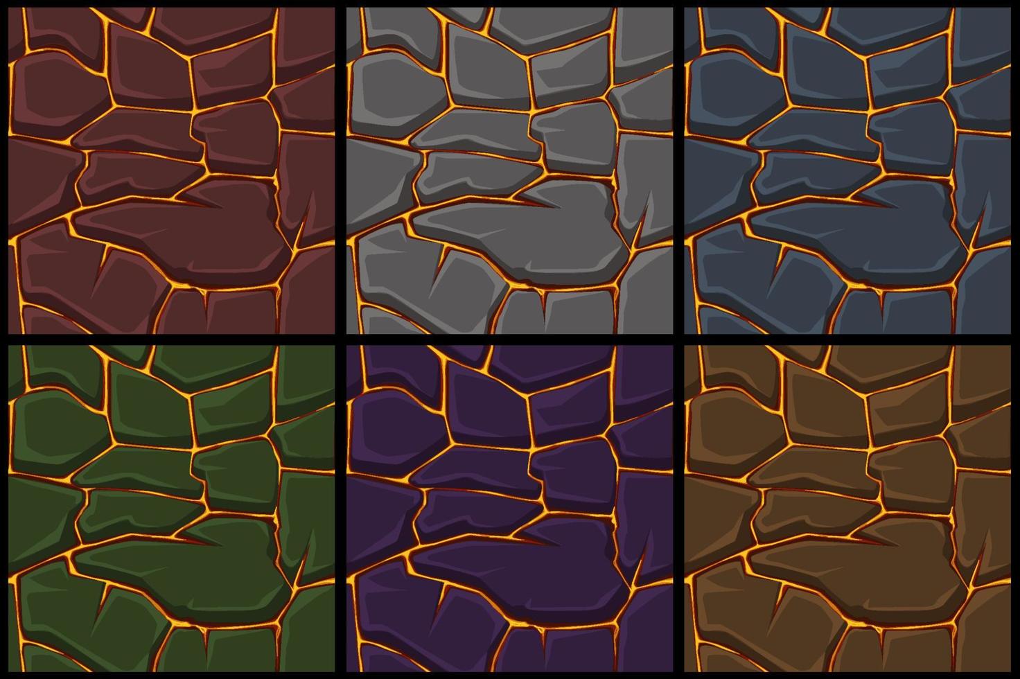Set seamless lava or fire pattern with stones for graphic design. Vector illustration textural background with orange lava for wallpaper.