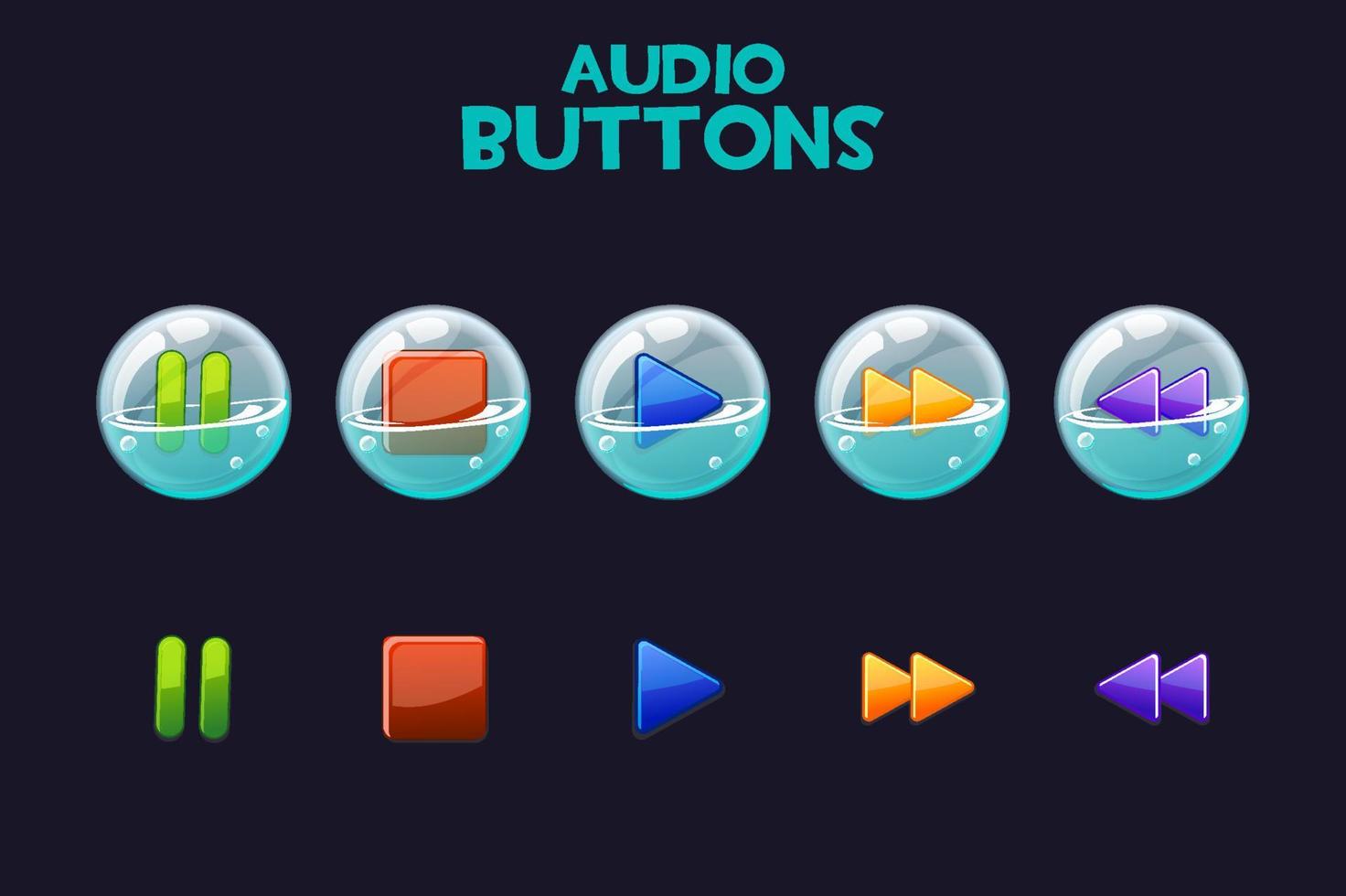 un conjunto de botones brillantes en pompas de jabón para reproducir audio. iconos multicolores para la interfaz de música. vector