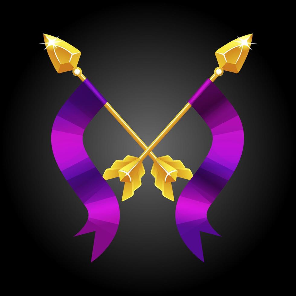 Two spears crossed with a violet flag for game. Gold vintage vector spears for fighting.
