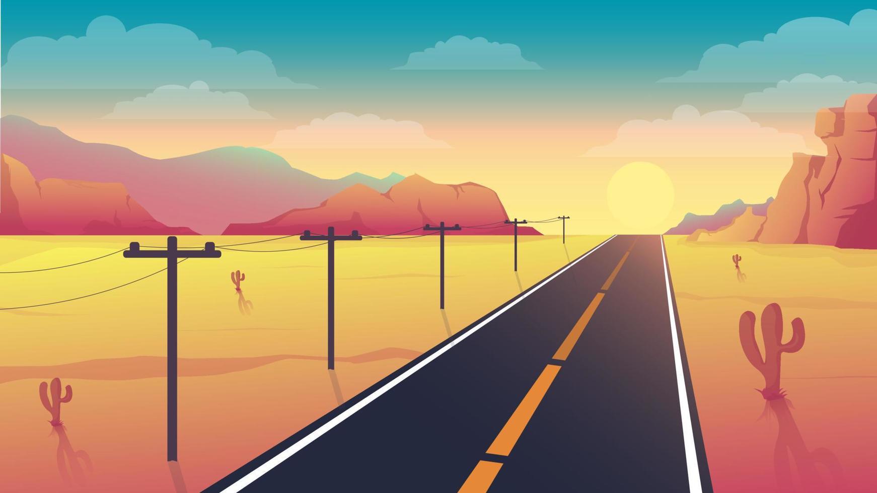 hermosa carretera vista puesta de sol paisaje vector diseño ilustración