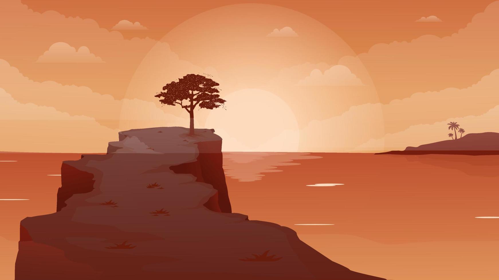 Ilustración de vector de paisaje de puesta de sol de acantilado de playa impresionante rojo