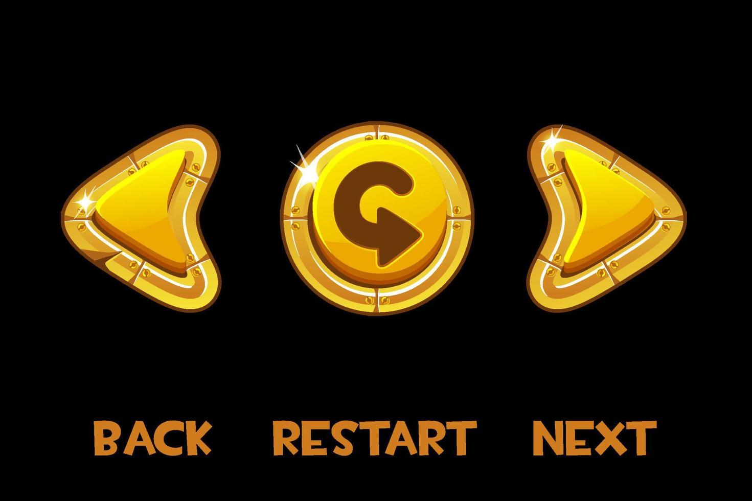 Vector isolated golden buttons back, next, return and inscription. Set of UI buttons for a game, menu, interface.