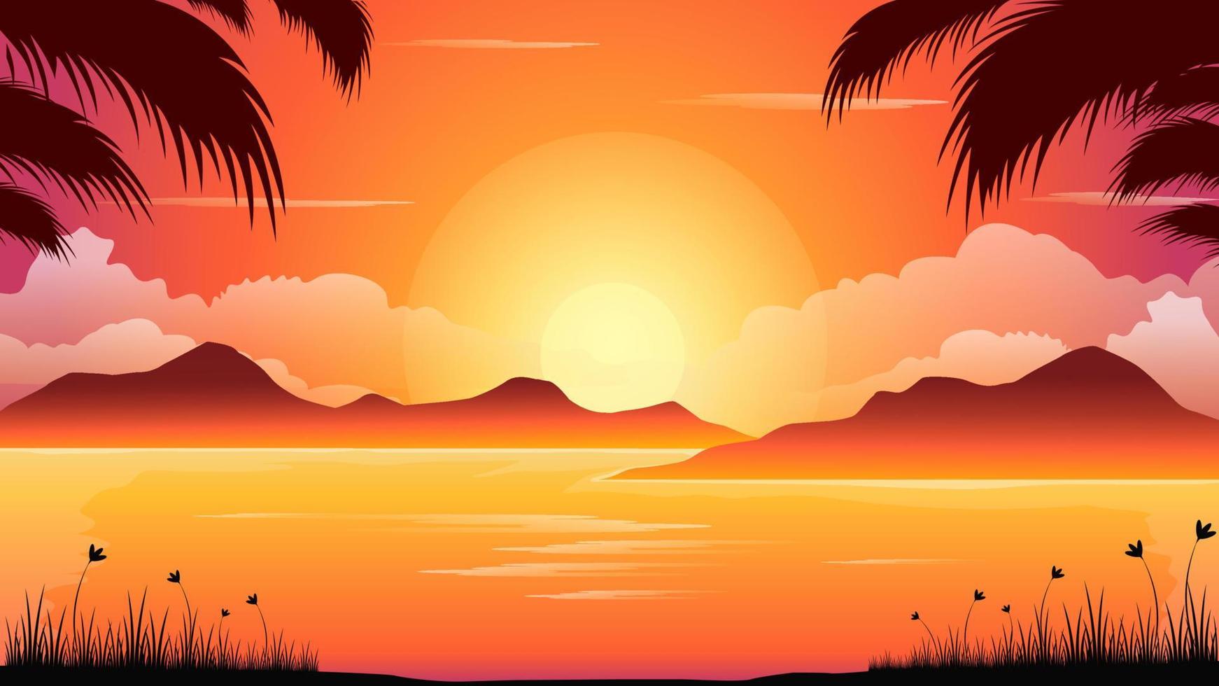 hermoso atardecer playa montaña coco paisaje vector ilustración