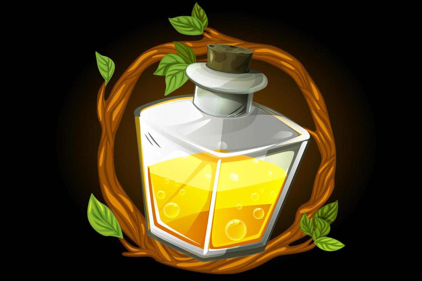 Frame wreath and magic yellow potion in a square bottle. Vector illustration of an elixir for the game.Frame wreath and magic yellow potion in a square bottle