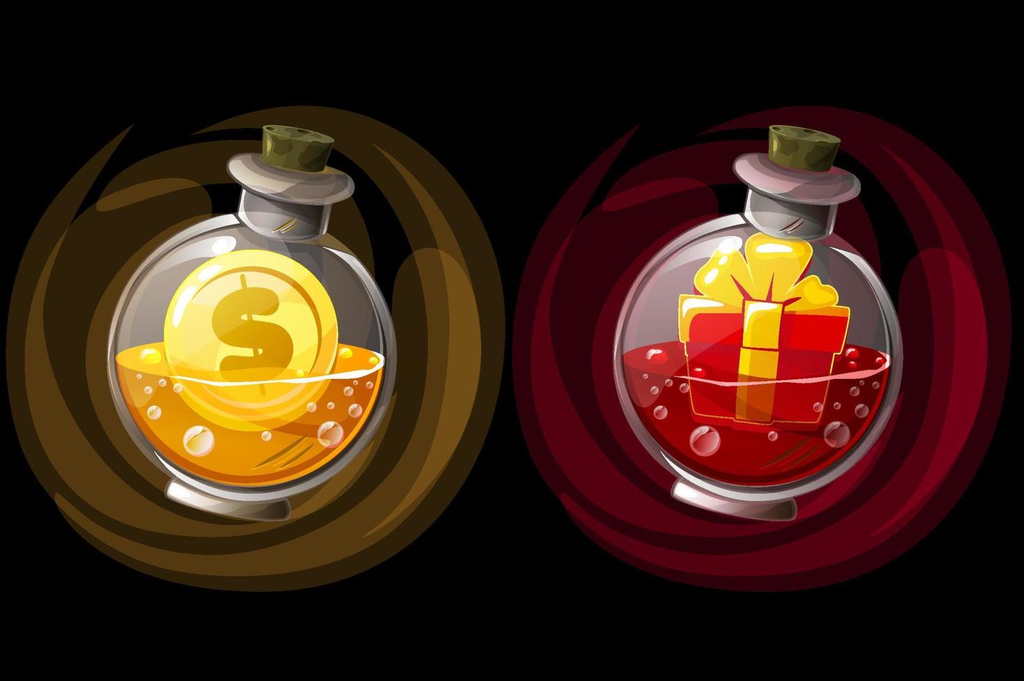 Set of isolated elixir bottles with gift and coin icons. Illustration of glass jars with potions for the game. vector