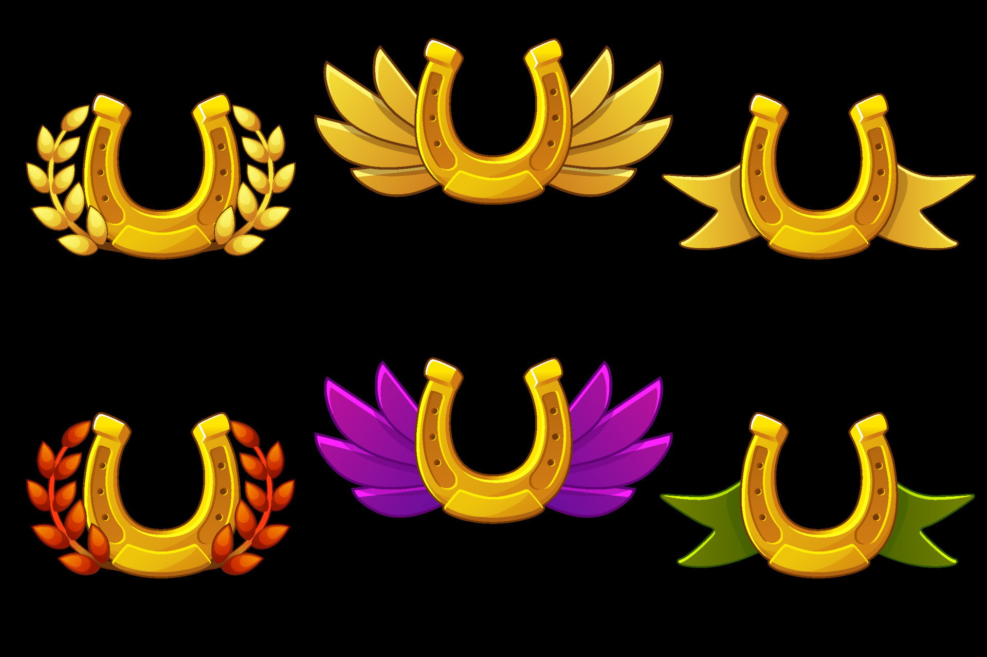Set of vector gold horseshoe badges with wings. Horseshoe symbols icon