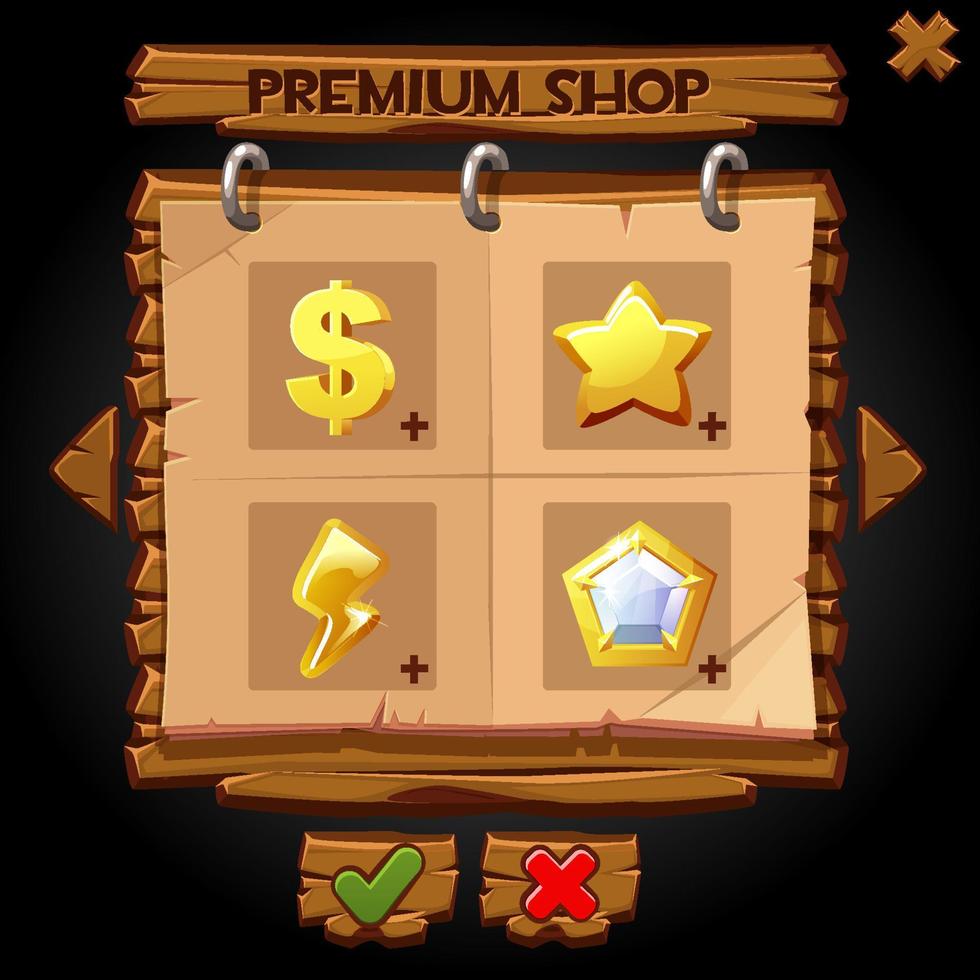 tienda premium de ventana emergente de madera para juegos. ilustración vectorial de una pizarra con iconos para ir de compras. vector