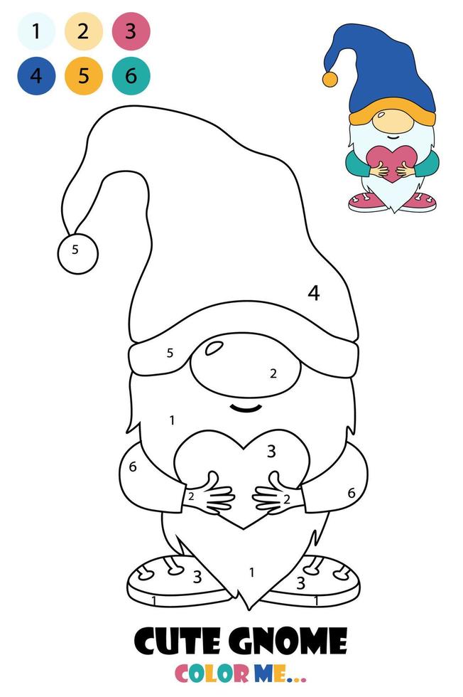 Cute gnomes coloring book, cartoon vector illustration. Gnome holding a heart