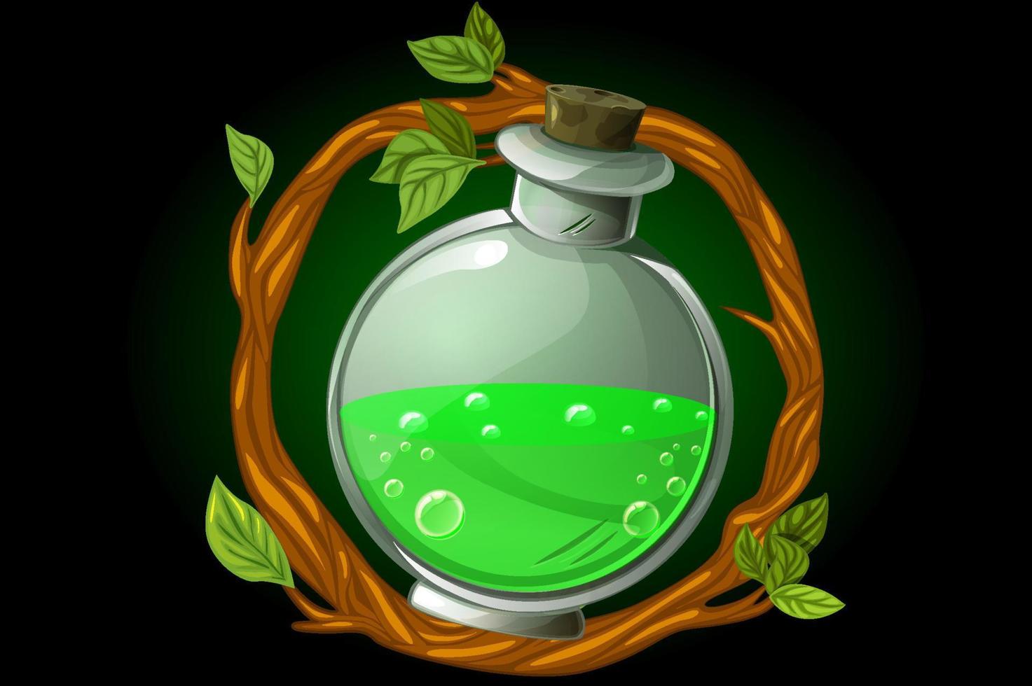 Vector illustration of a wreath frame with green potion. Round jar of elixir for the game