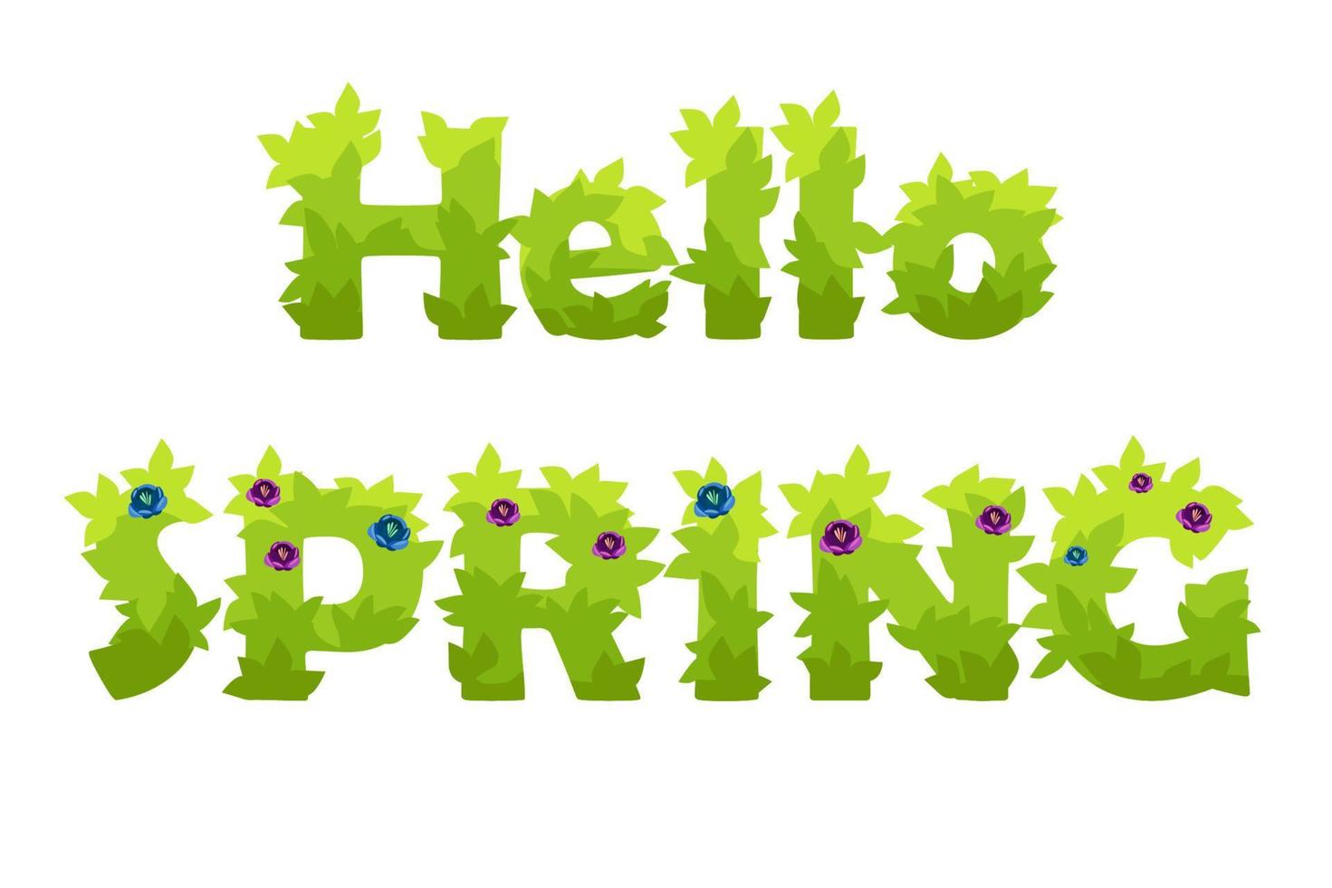 letras vectoriales hola hierba de primavera con flores. ilustración de fondo de postal de inscripción natural. vector