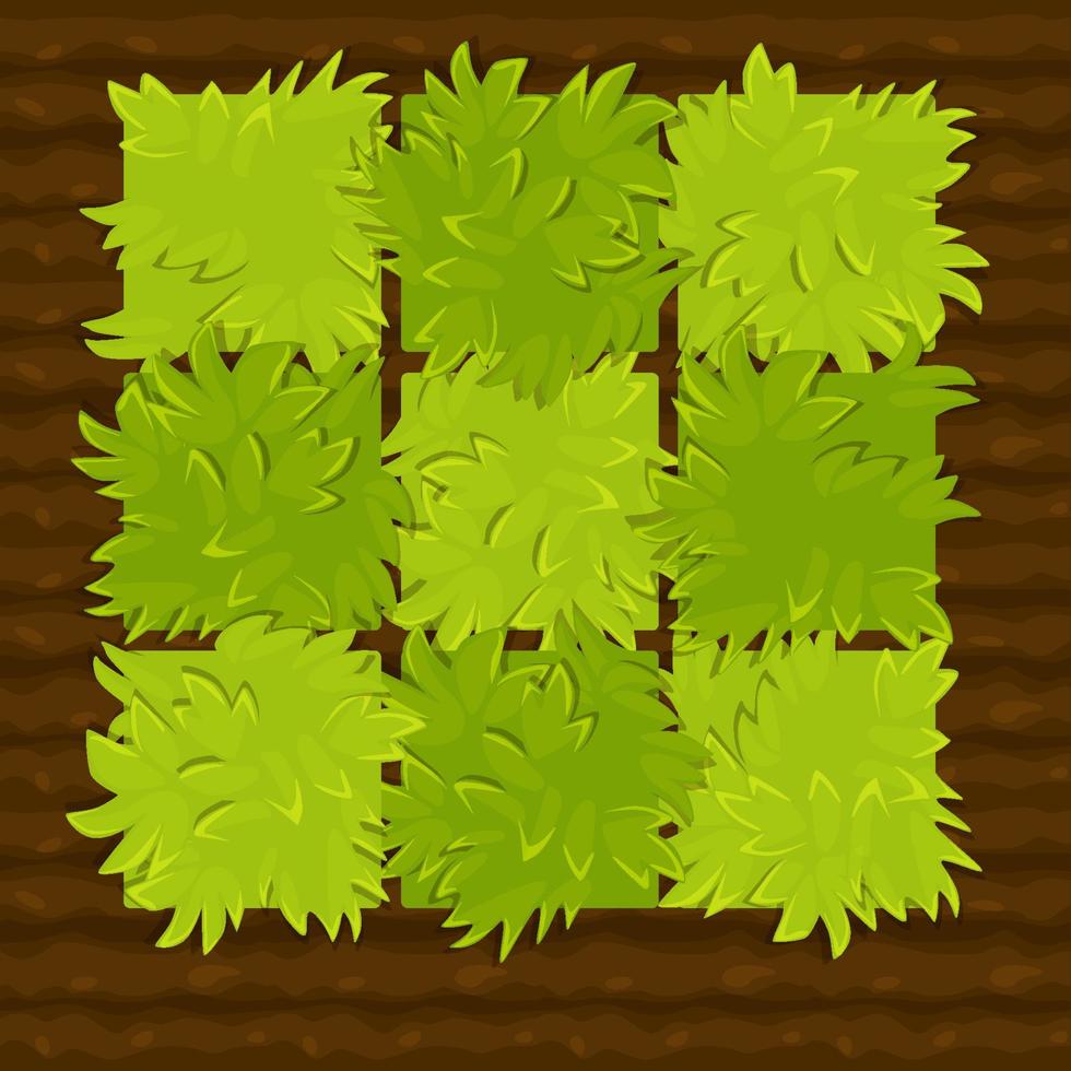 ilustración vectorial de una cama de jardín o huerta para el juego. arbustos verdes de plántulas en el suelo. vector