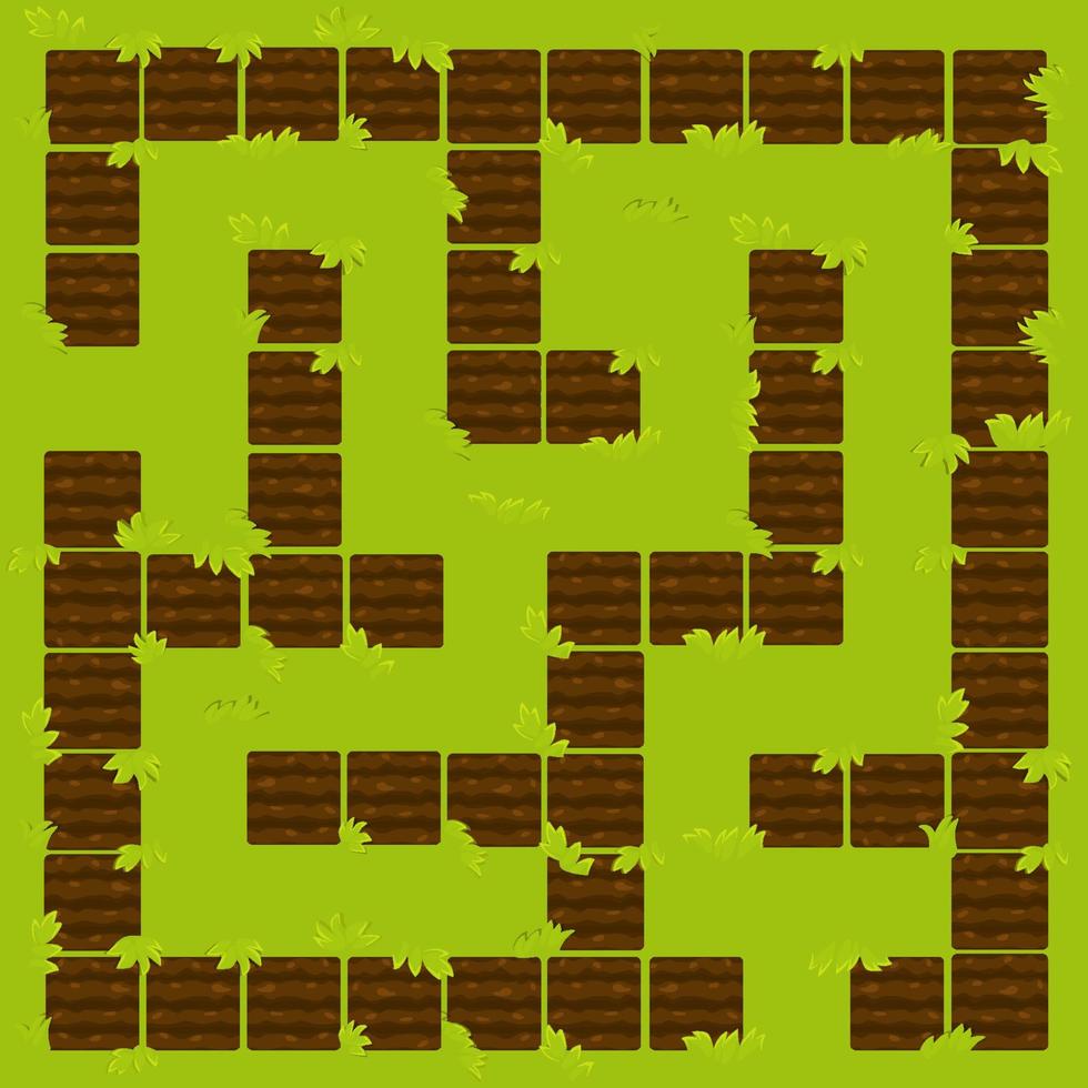 Labyrinth Education logic game, garden beds ground. Vector illustration of a maze with green grass.