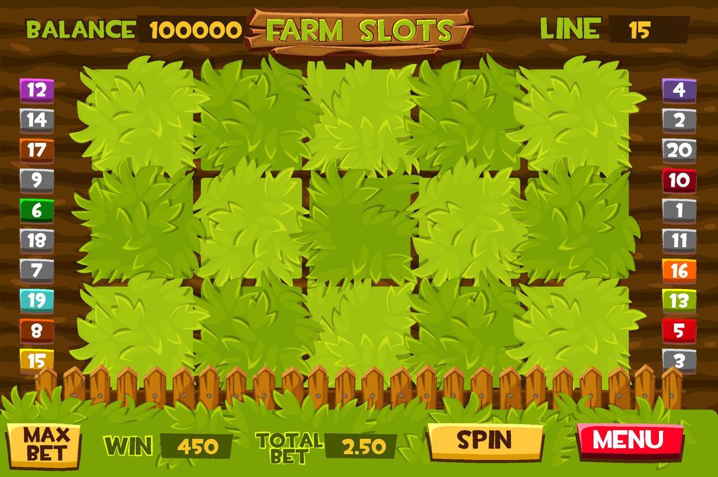 Farming slots, vegetable beds for the game GUI. Vector illustration of a custom gambling window, natural background.