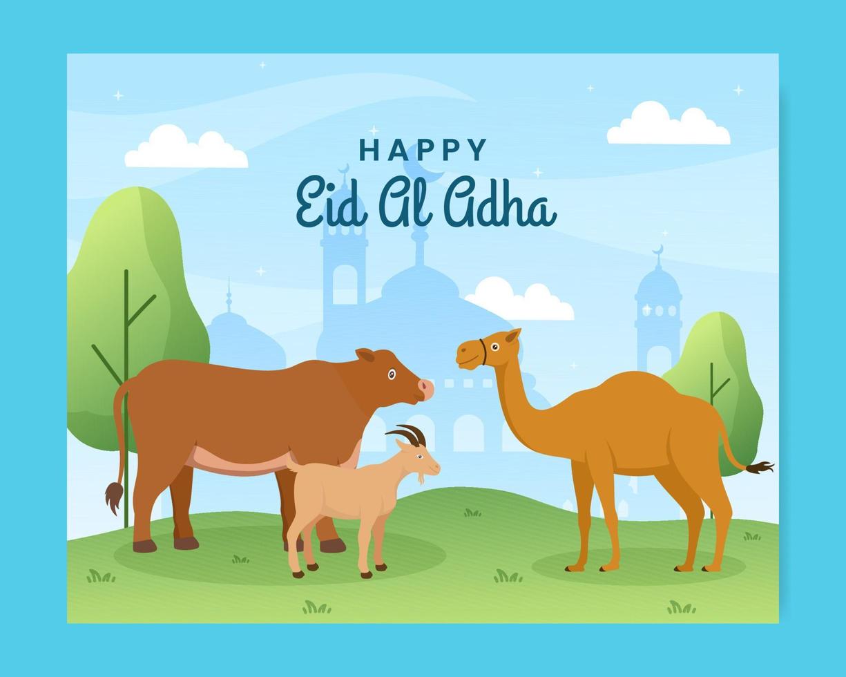 ilustración de fondo de dibujos animados plana de redes sociales de plantilla de photocall de eid al adha vector