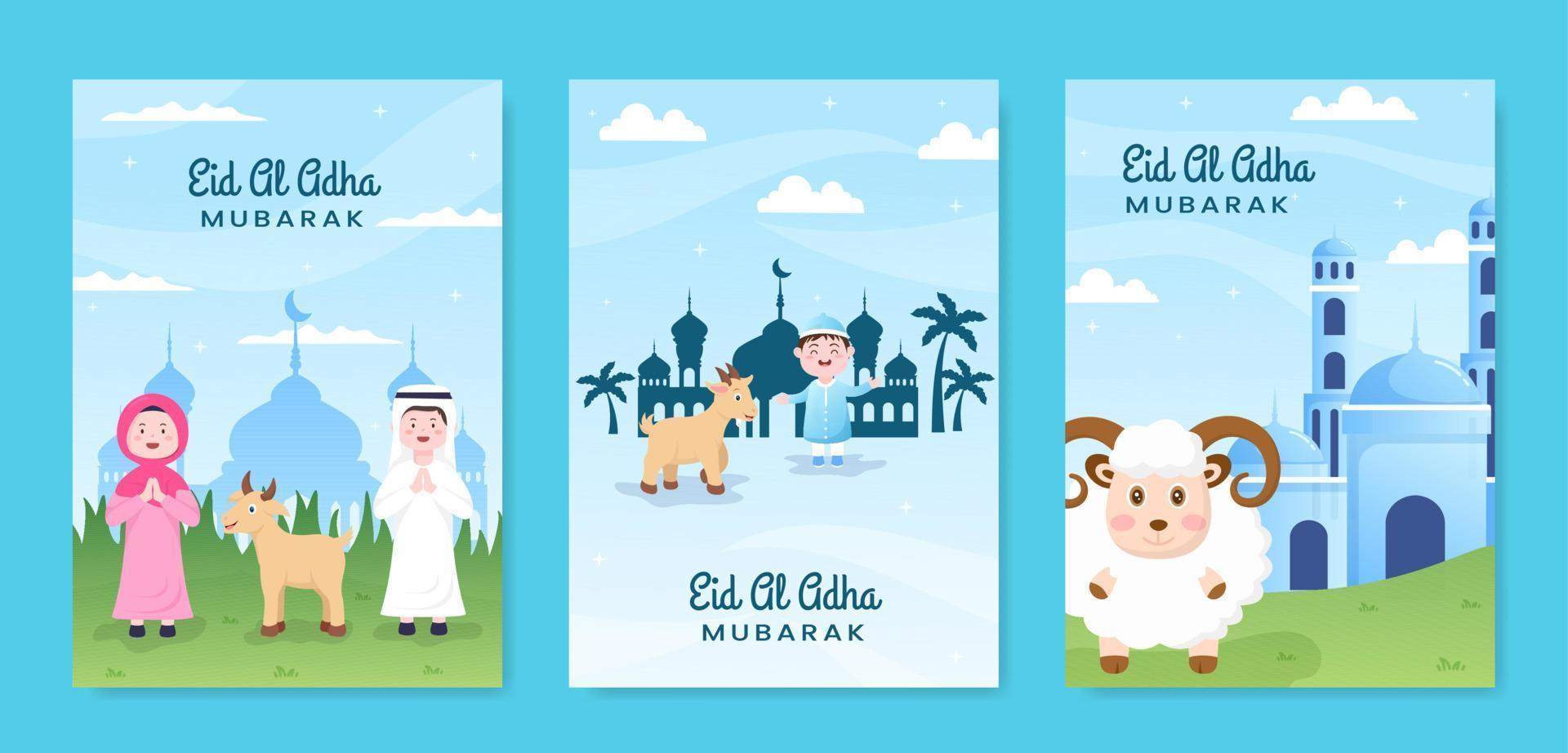 Eid al Adha Greeting Card Collection Template Social Media Flat Cartoon Background Illustration vector