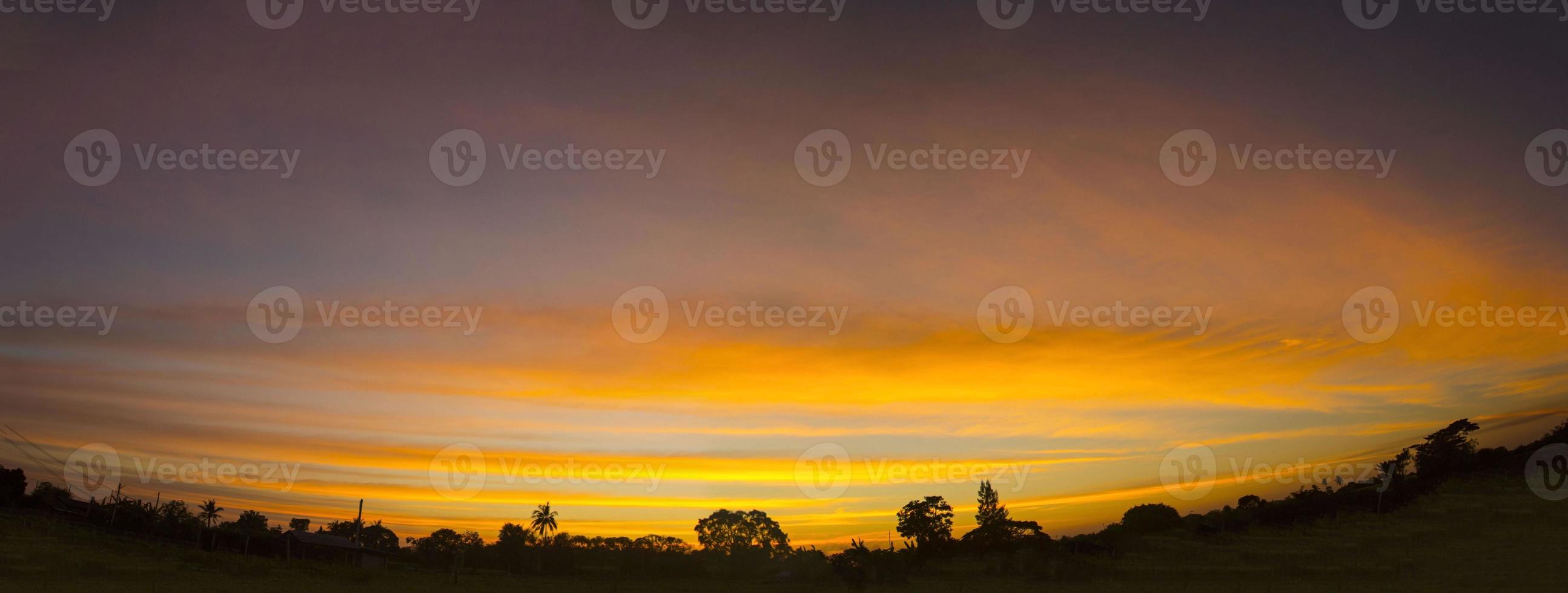 cielo panorámico en el paisaje naranja amarillo y hay muchos colores en la hermosa noche en la naturaleza tranquila, cálida y romántica en el campo y la sombra de los cocoteros negros. foto