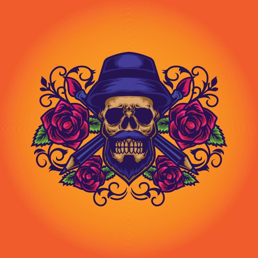 Print skull roses illustration vector