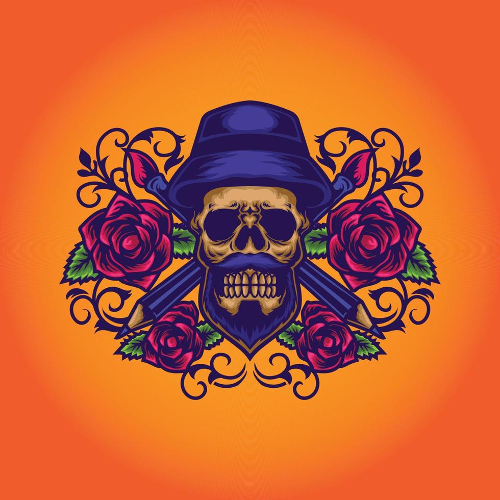 Print skull roses illustration vector