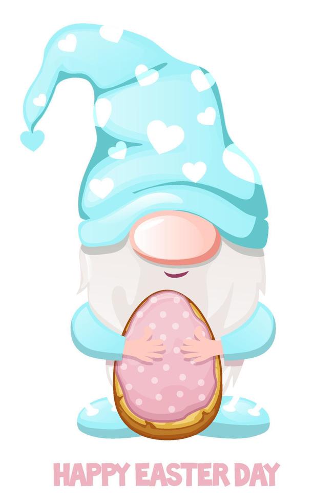 gnomo lindo de dibujos animados con galletas de huevo de Pascua. ilustración vectorial postal banner feliz día de pascua para el diseño. vector