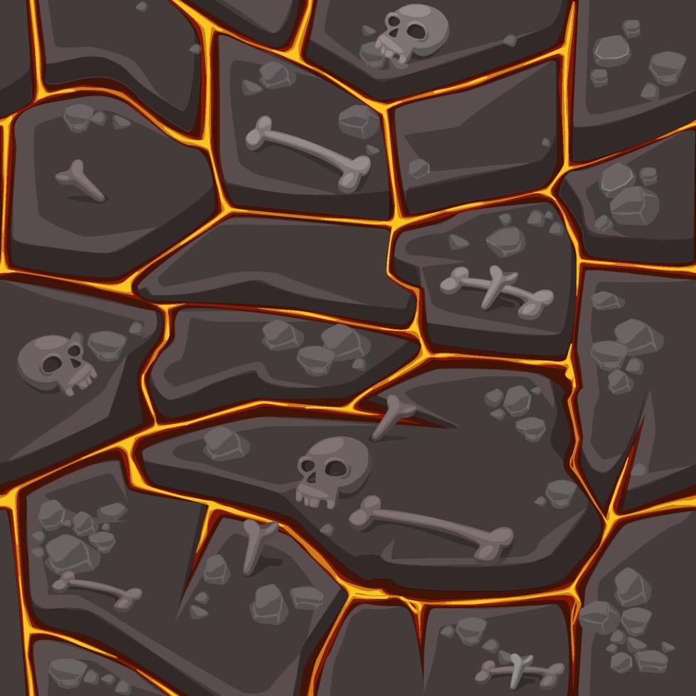 Seamless ground pattern with lava, bones and skulls with fire texture. vector