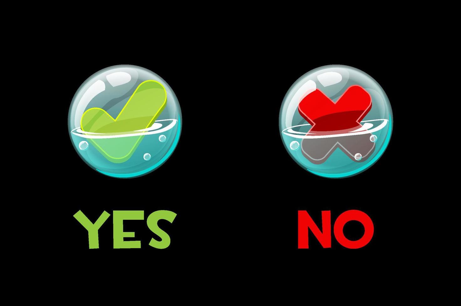 Buttons yes and no in soap bubbles for the interface. Bubble icons for game window. vector