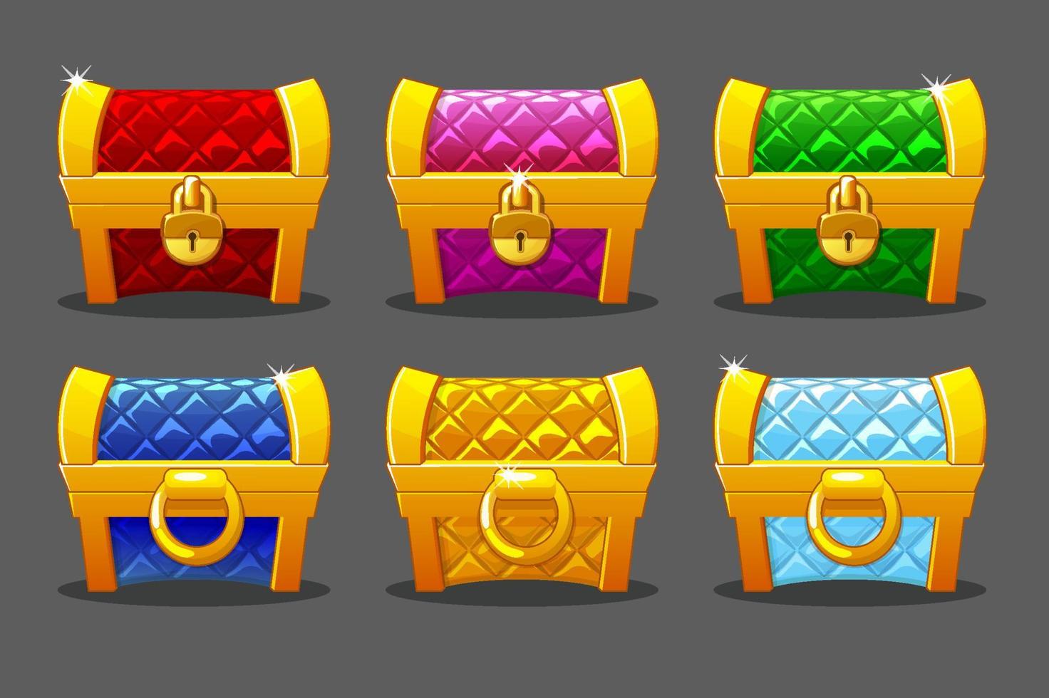 A set of brightly colored gold soft chests for the game. Collection of isolated closed chests with locks. vector