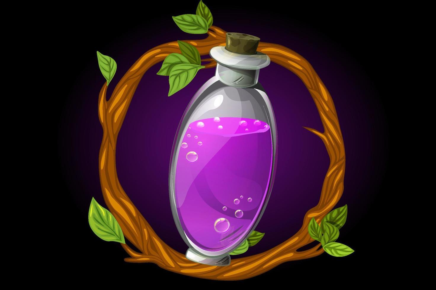 Vector round wreath of twigs and magic potion in a bottle. GUI illustration of an elixir in a flask for a game.