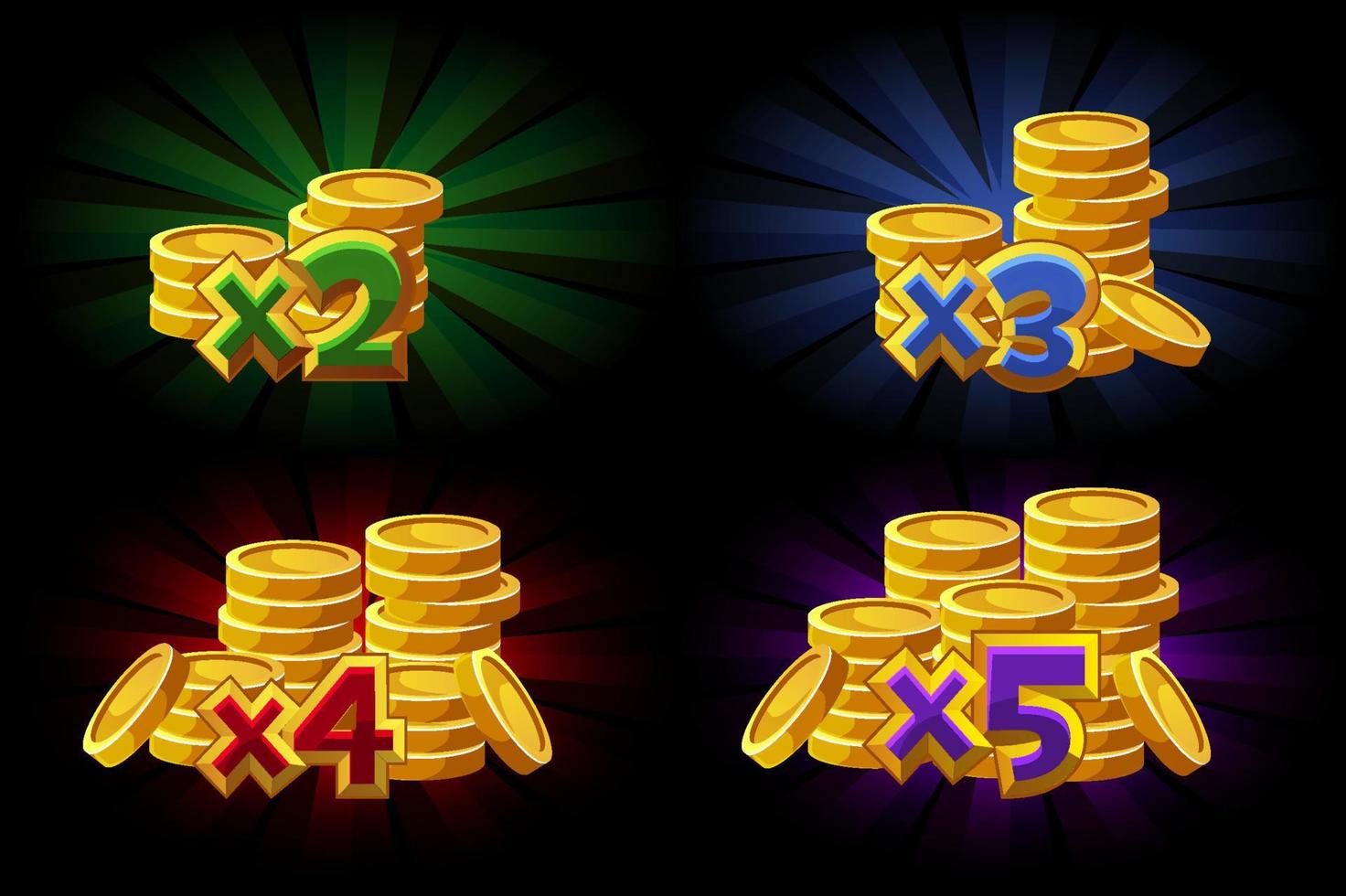 Vector illustration of bonus X2, X3, X4, X5 coins in the game. Increased bonus for the winner.