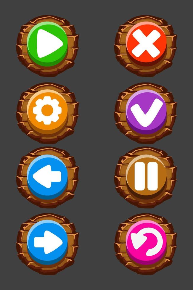 conjunto de botones vectoriales de madera para el juego. iconos o signos redondos aislados. vector