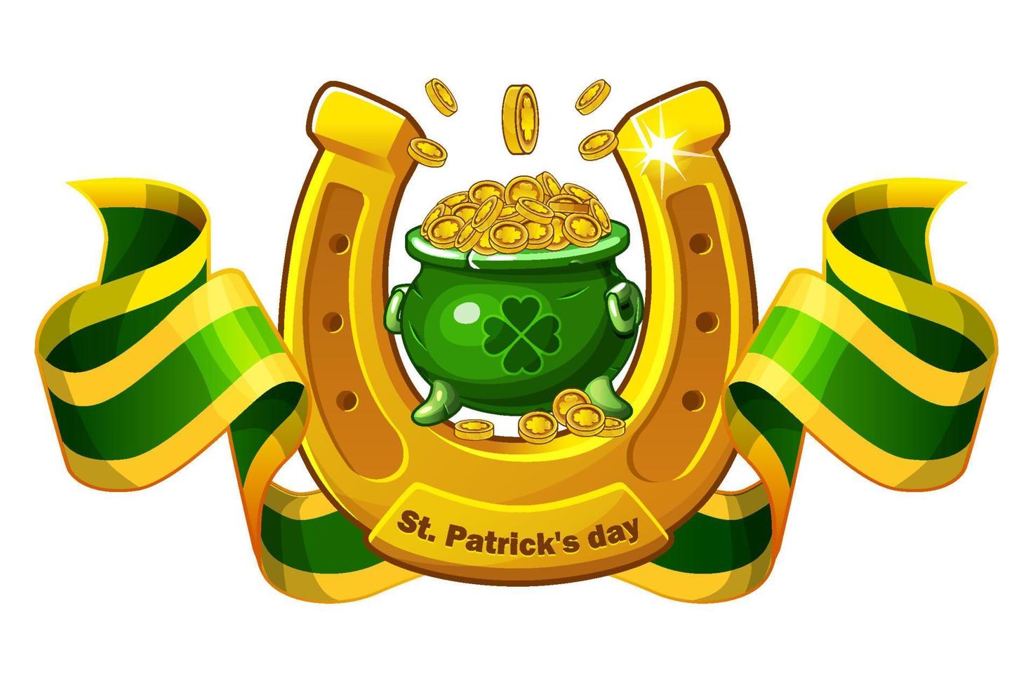 Vector St. Patricks Day banner with green pot of coins. Illustration of a golden horseshoe and ribbon.