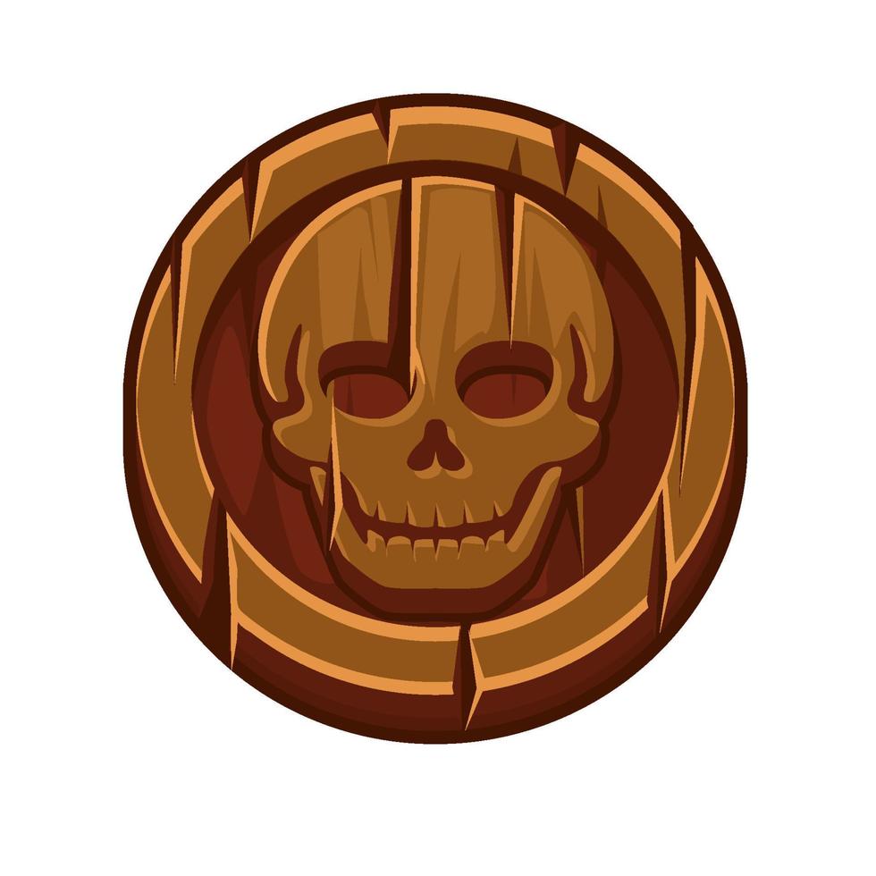 Pirate black mark or wooden coin for Game. Vector illustration of a round old coin with a skull.