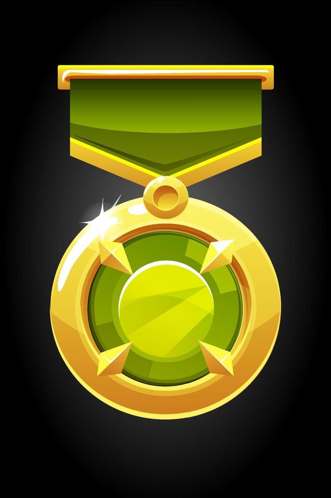 Vector gold round medal with a gem for the game. Illustration of an award with a green diamond.
