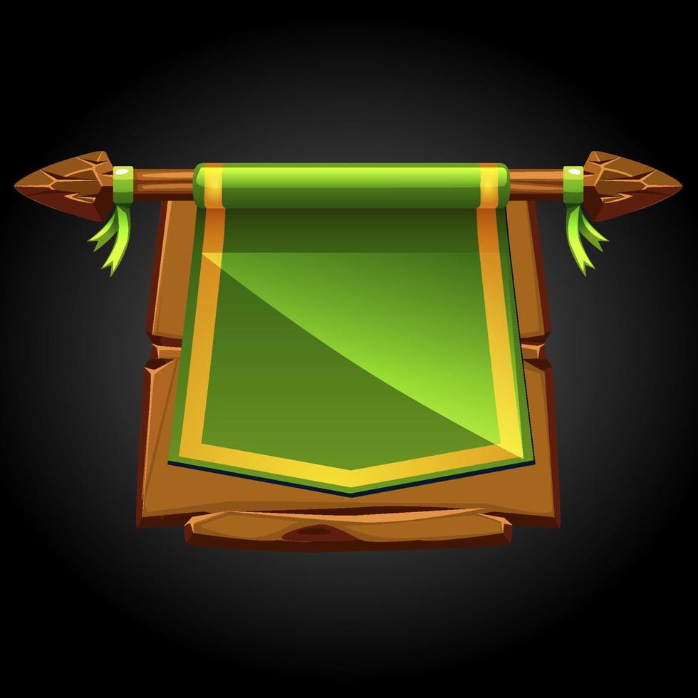 Green flag on a wooden old broken board. Vector illustration of a banner for the game.