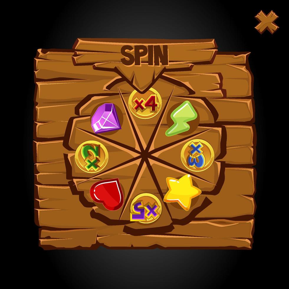 Wooden old wheel of fortune with bonus icons. Vector banner spin the wheel for the game.