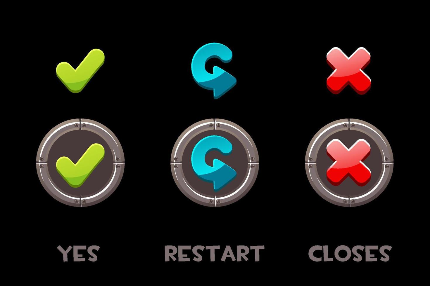 Set of vector isolated metal buttons and icons yes, restart, closes. A collection buttons for the user interface.