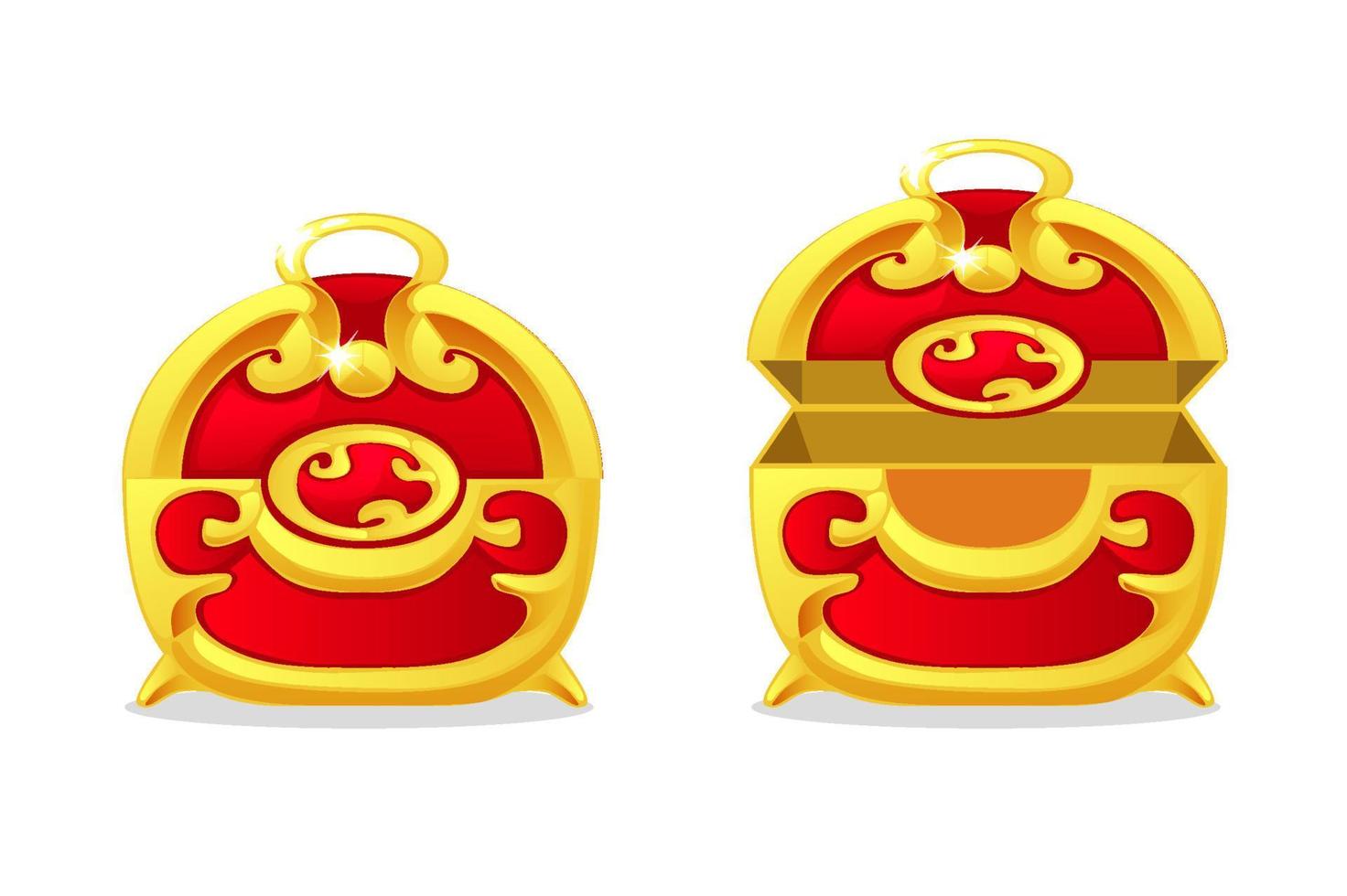 Gold empty red chests for the game. Vector illustration of an open and closed box.