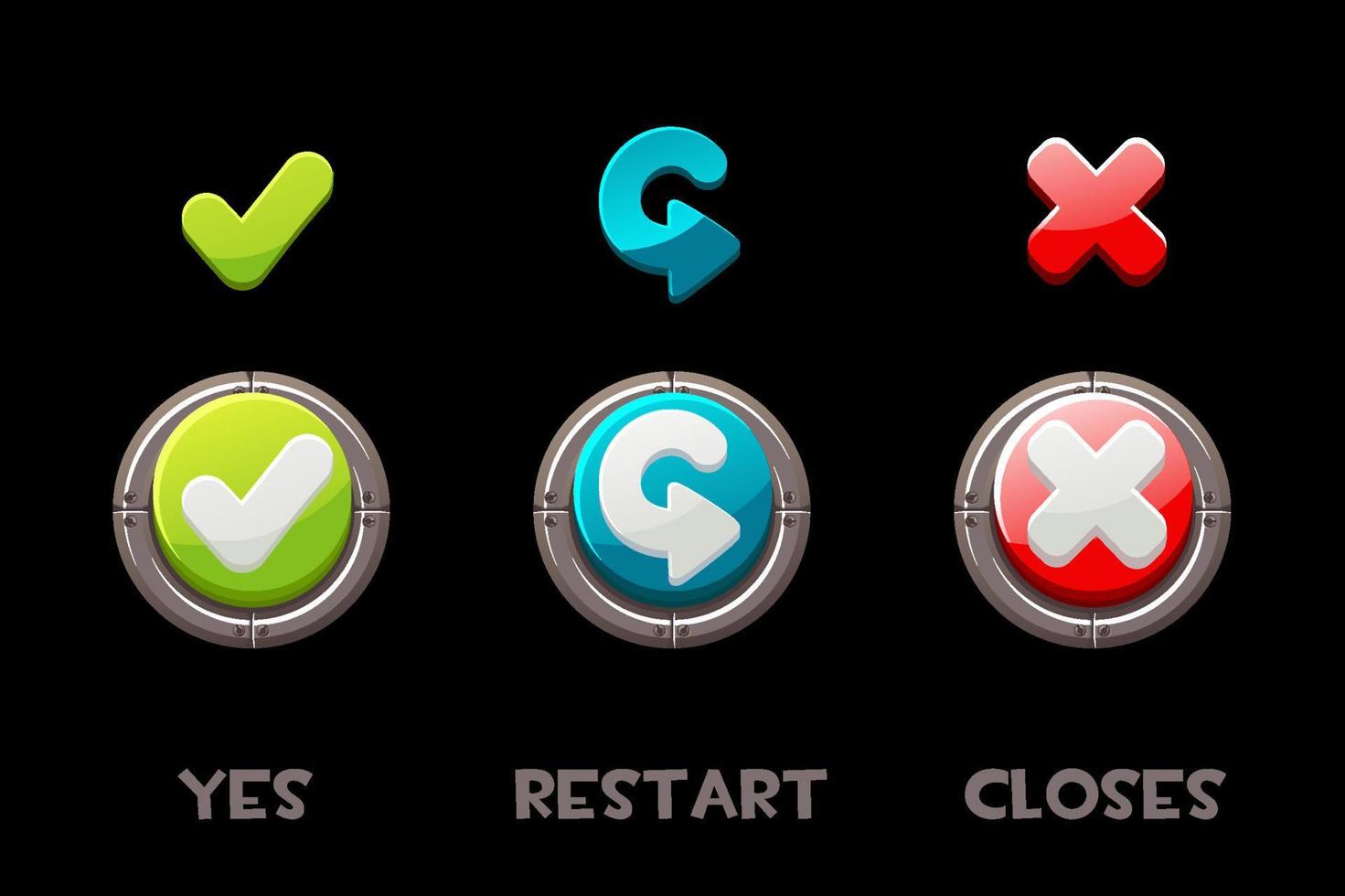Set of vector isolated buttons and icons yes, restart, close. A collection of metal buttons for the user interface.