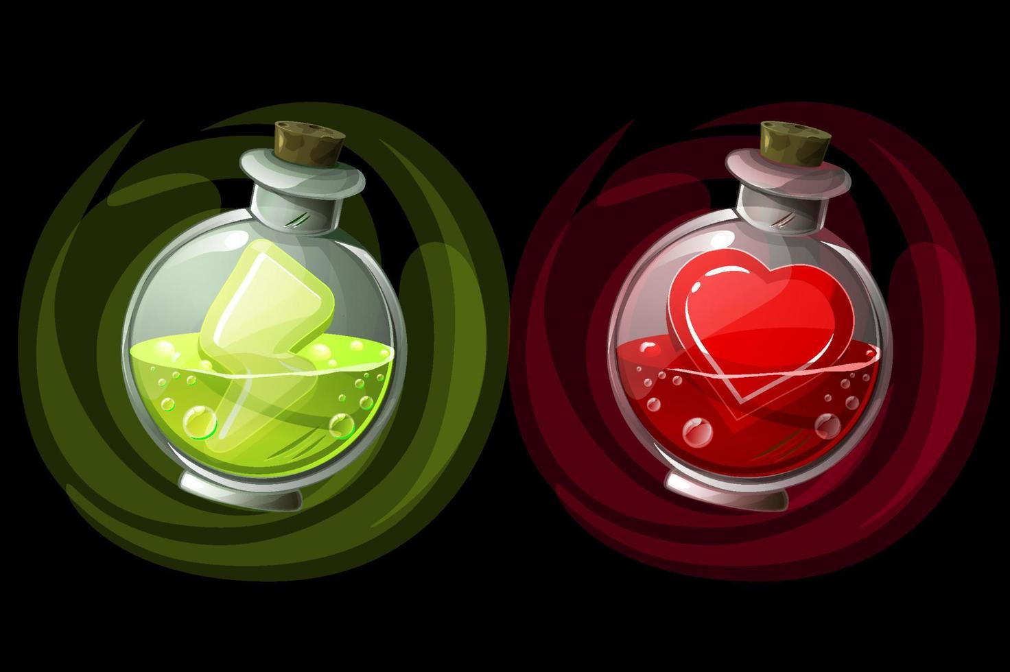 Set of potions in glass round bottles with icons. Vector bright jars of elixir with life and energy.