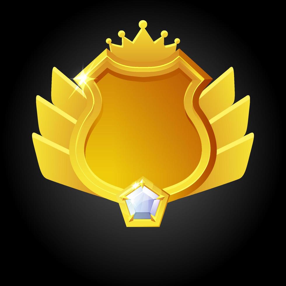 plantilla de escudo dorado vectorial para el logro del juego. recompensa con una corona para aumentar la calificación del ganador. vector