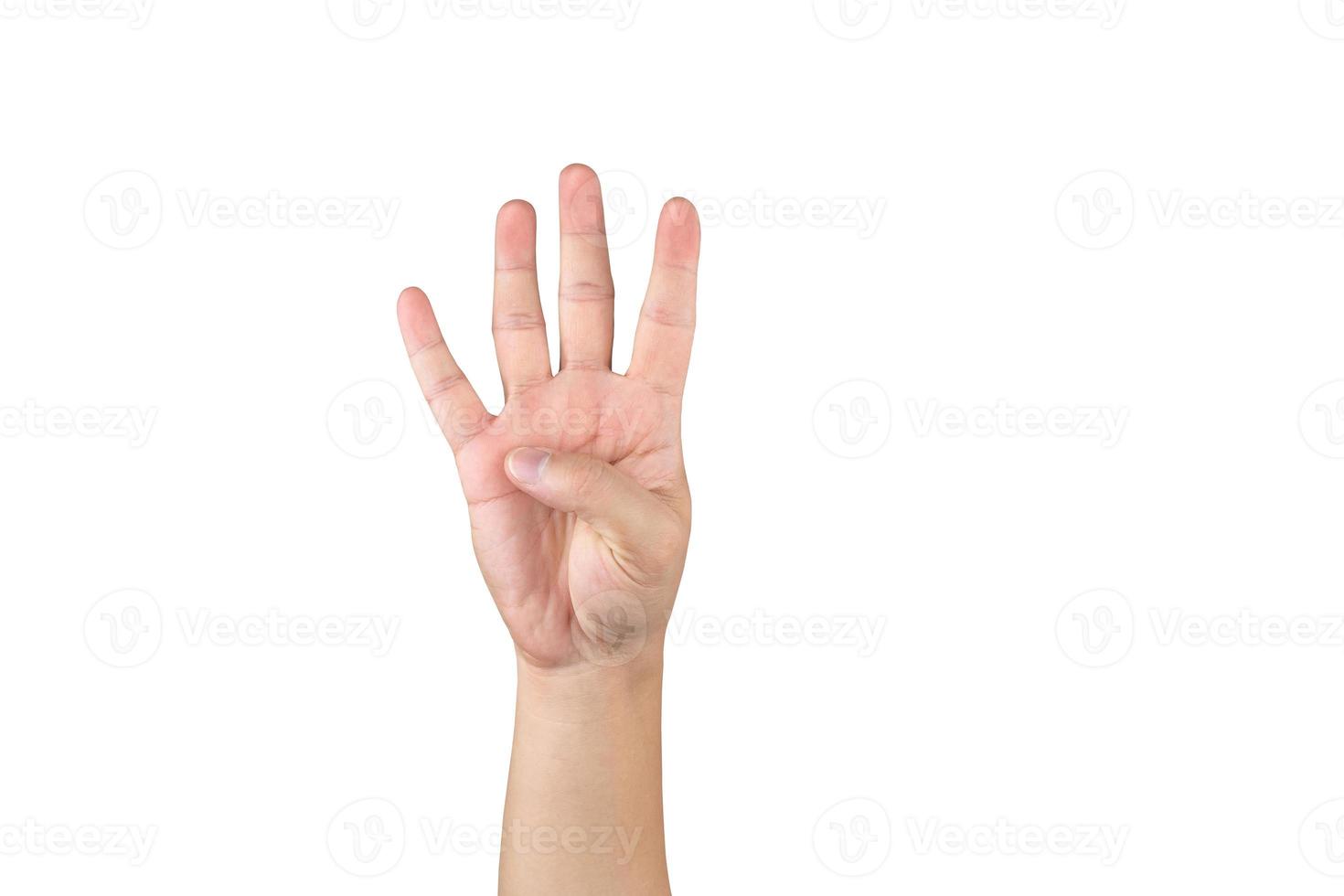 Asian hand shows and counts 4 finger on isolated white background with clipping path photo