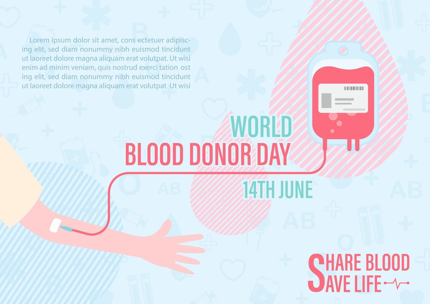 Hand of human sharing blood with wording of blood donor day and example texts on medical icon pattern and blue background. Poster campaign of World blood donor day in flat style and vector design.