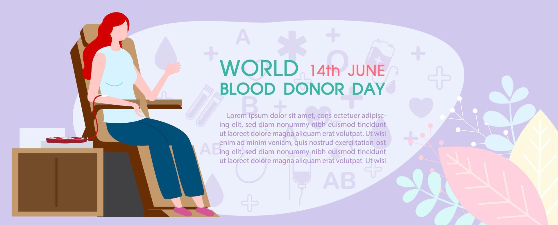 Young woman in cartoon character donating blood with wording of blood donor day and example texts, decoration plants on medical icons and purple background. World blood donor day poster's campaign. vector