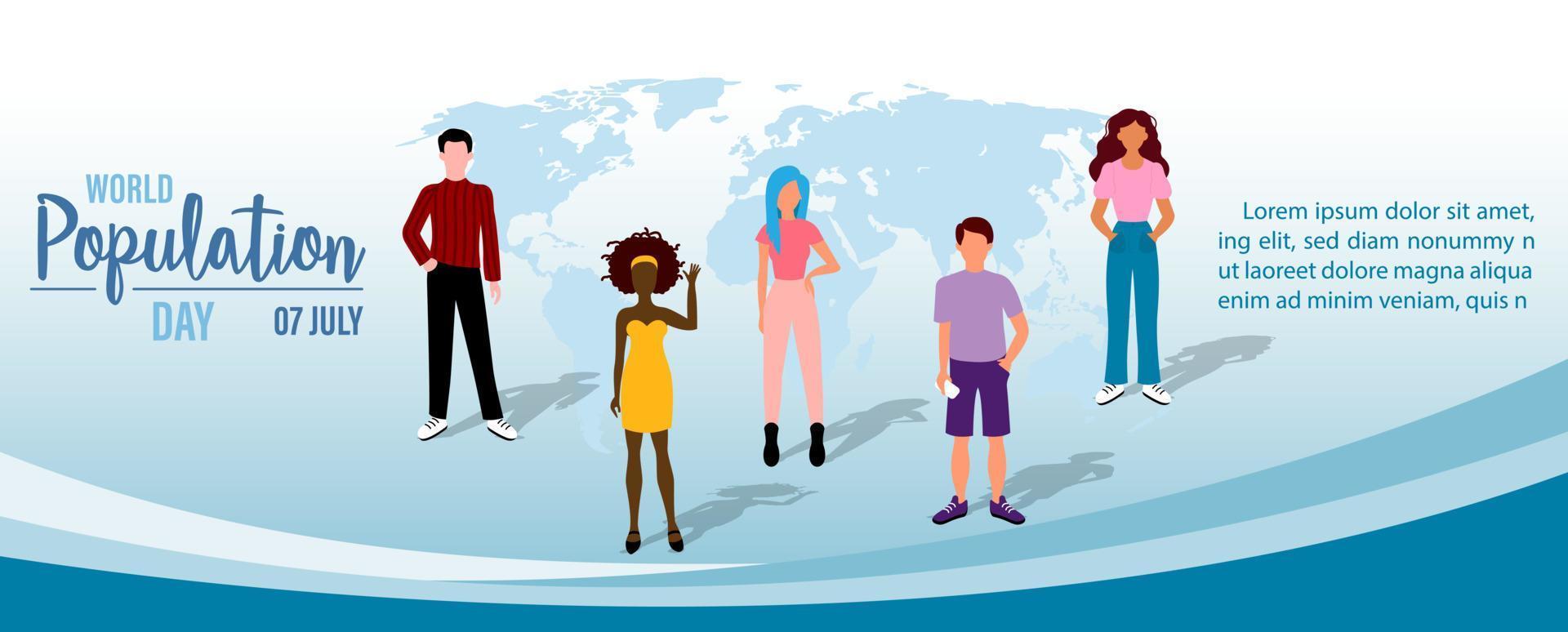 Group of people in cartoon character and flat style with the day and name of event, example texts on world map and blue gradient background. World Population day poster's campaign in vector design.