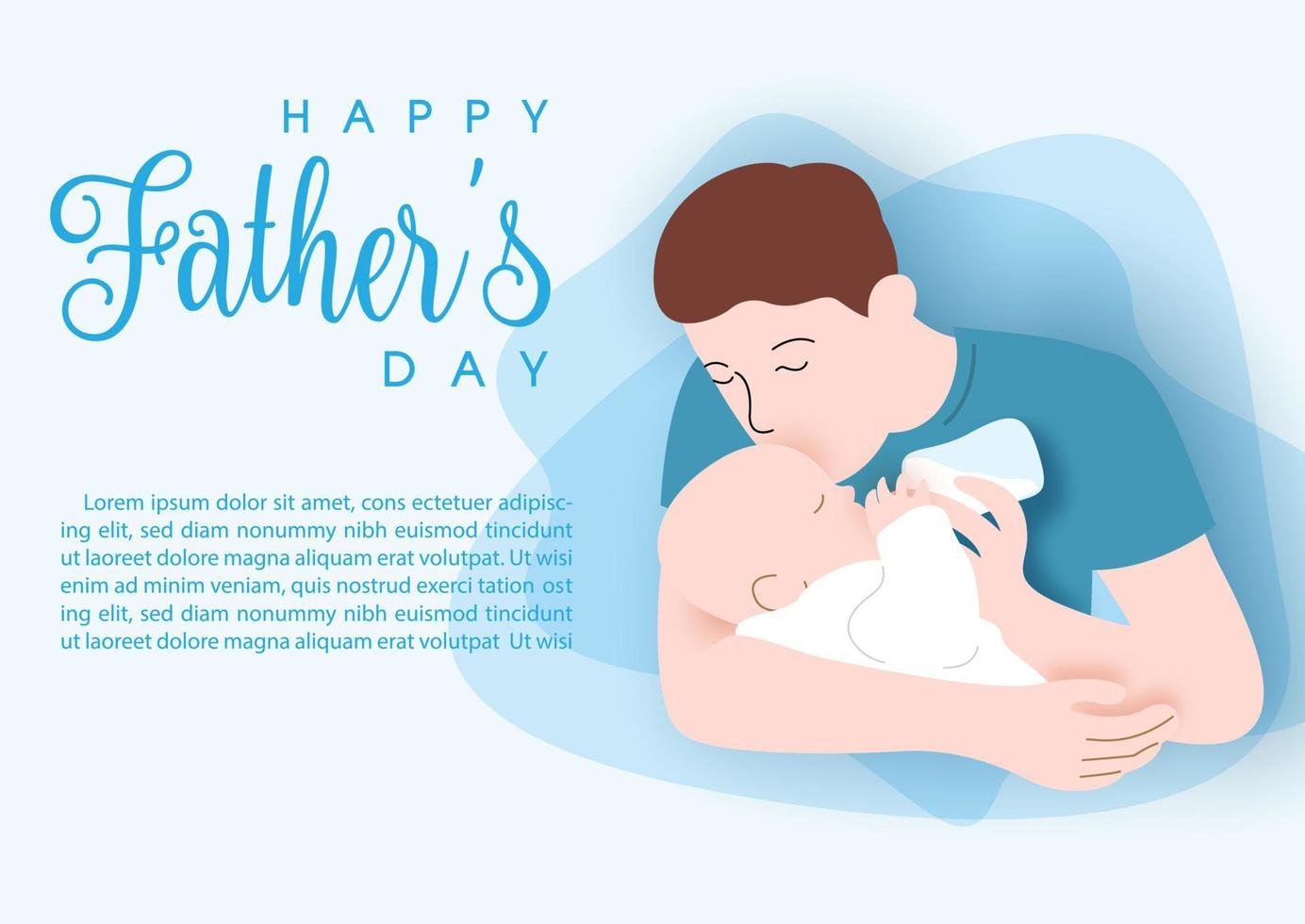 father kiss and feeding milk his baby in cartoon character with with Father day's wording and example texts on abstract shape and light blue background. vector